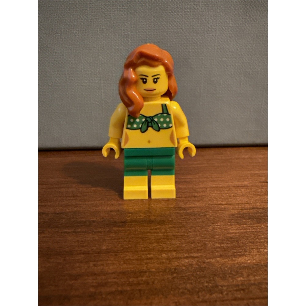 LEGO Girl Female Minifig, Green Bikini Top And Shorts, Long Auburn/Red Hair